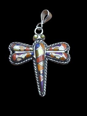 Sterling Silver Dragonfly Pendant Multicolor Stone Inlay